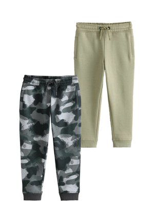 Two pairs of jogger pants: one in black, grey, and white camouflage pattern, the other solid olive green, both with elastic waistbands.