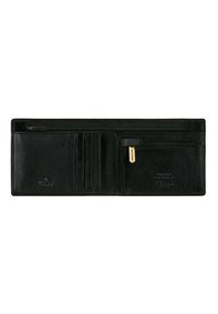 Portafoglio in pelle nera con più slot per carte, un compartimento con zip e logo RFID impresso. Design compatto e elegante.