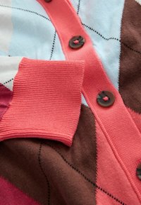 Cardigan multicolore avec un motif en losanges dans des nuances de bleu, marron et rose. Manches en corail côtelé et boutons marron avec des fils roses.