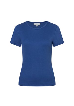 Blaues kurzärmeliges, figurbetontes, geripptes Strick-T-Shirt mit Rundhalsausschnitt und kleinem Markenlabel innen im Kragen.