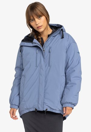 Light blue insulated jacket with a zippered front, two chest pockets, elastic cuffs, and adjustable drawstrings at the hem and hood.