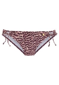Bikini dugnenis su purpuriniu ir ro�žiniu abstrakčiu raštu, reguliuojamais šonais ir auksiniu akcentu. Pagamintas iš tamprios medžiagos.