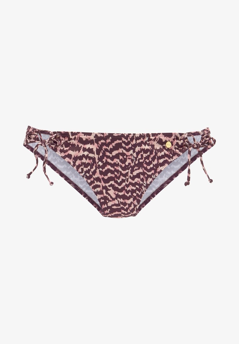 Bikini dugnenis su purpuriniu ir rožiniu abstrakčiu raštu, reguliuojamais šonais ir auksiniu akcentu. Pagamintas iš tamprios medžiagos.