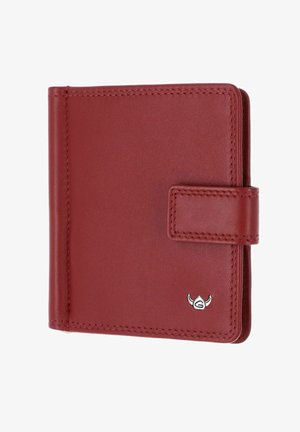 Red leather wallet with stitched edges, a snap closure strap, and a small silver emblem on the bottom right corner.