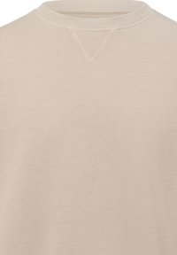 Light beige sweatshirt made of soft cotton, featuring a ribbed crewneck and a triangular stitch detail on the neckline.