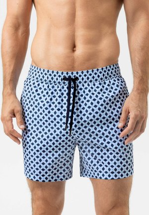 Zwemshorts van lichtblauwe stof met een ruitpatroon in marineblauw. Voorzien van een elastische tailleband met een trekkoord en zijzakken.