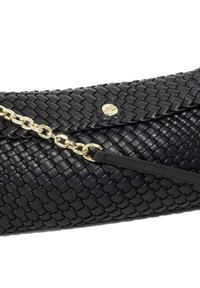 Black woven leather shoulder bag with a gold chain strap, featuring a flap closure and smooth texture with a subtle sheen.
