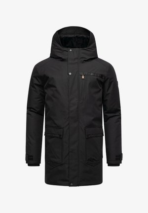 Zwarte gewatteerde parka met een afneembare capuchon, een ritszak op de borst, twee zijzakken en verstelbare manchetten. Glad, waterafstotend materiaal.