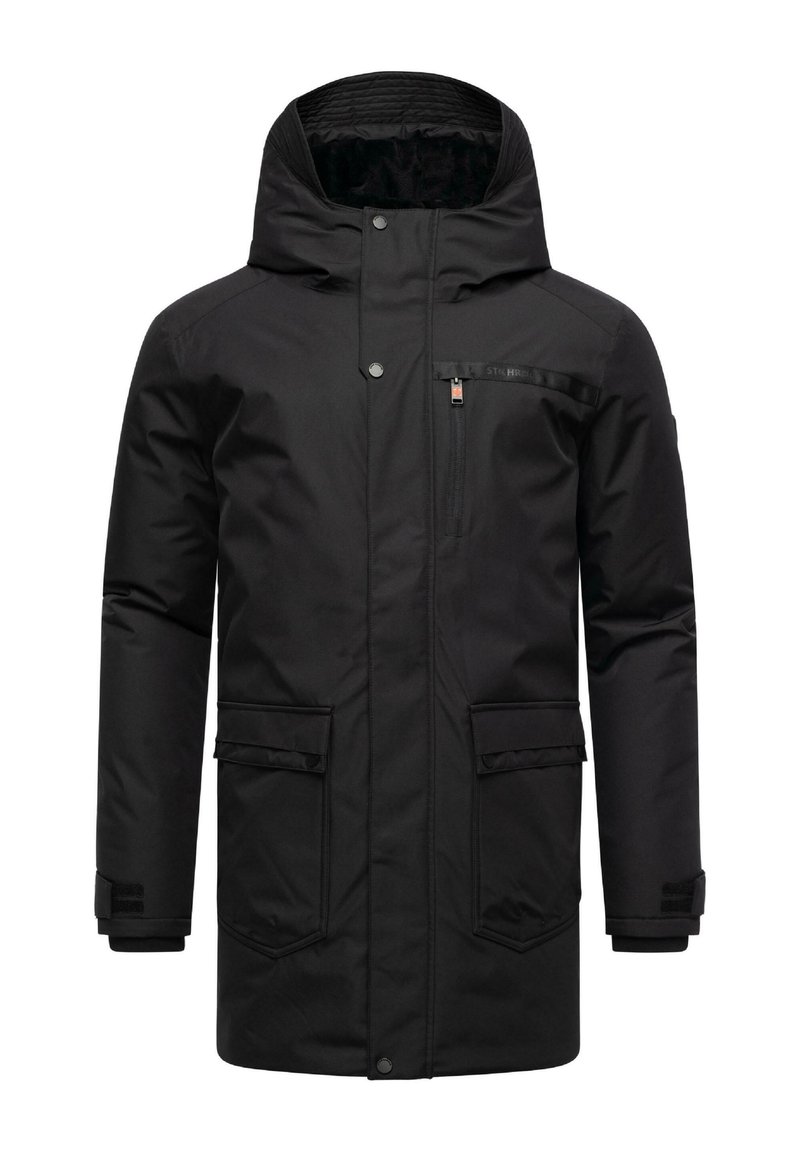 Parka negra acolchada con capucha desmontable, bolsillo en el pecho con cremallera, dos bolsillos frontales y puños ajustables. Tela suave y resistente al agua.