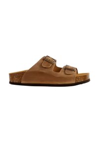 Sandalo in suede marrone con due cinturini regolabili, suola in sughero e suola esterna in gomma scura a contrasto, caratterizzato da un design open toe.