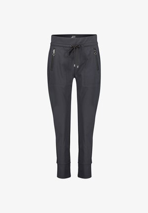 Donkergrijze slim-fit broek met elastische tailleband, verstelkoord aan de voorkant, ritszakken en omgezoomde enkels.