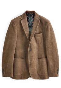 Blazer en velours côtelé marron avec deux poches avant, fermeture par un bouton et doublure verte à motifs géométriques bleus et rouges.