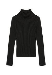 Pull à col roulé noir côtelé avec manches longues, présentant un col haut replié et une coupe ajustée. Fabriqué en maille texturée.