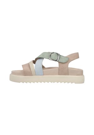 Beige sandal with thick cream sole, featuring crisscross pastel straps in beige, light blue, and green with a silver buckle on a white background.