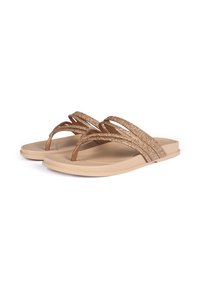 Goldene Glitzer-Flip-Flops mit einer braunen Gummisohle, ausgestattet mit überkreuzten Riemen, die mit Schimmer verziert sind, und einer glatten, flachen Fußbett.