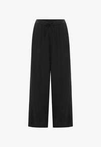 Pantalones anchos negros con cintura elástica y cordón, con una sutil textura de canalé vertical.