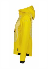 Yellow jacket with a hood, featuring quilted texture on the chest, black cuffs, and an orange zipper detail. Lightweight, functional design.