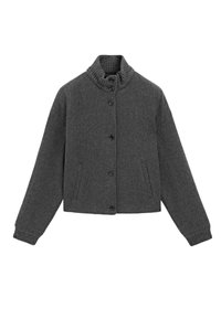 Veste cardigan en mélange de laine grise avec col montant, fermeture à boutons sur le devant, poignets côtelés et poches latérales ; silhouette crop.