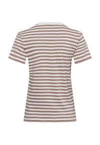 Short-sleeve, striped t-shirt in brown and white, featuring a crew neckline and soft cotton material with a straight cut design.