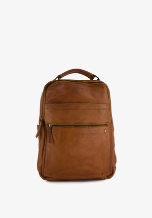 Brauner Leder-Rucksack mit einem oberen Tragegriff, vorderer Reißverschlusstasche und dem Markennamen Venezia, der nahe oben geprägt ist.