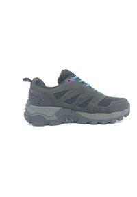 Schwarzer Wanderschuh aus Mesh und Wildleder, bunte Schnürsenkel, strukturierte Sohle und lila Akzent um die Ösen. Abgerundete Zehenform.