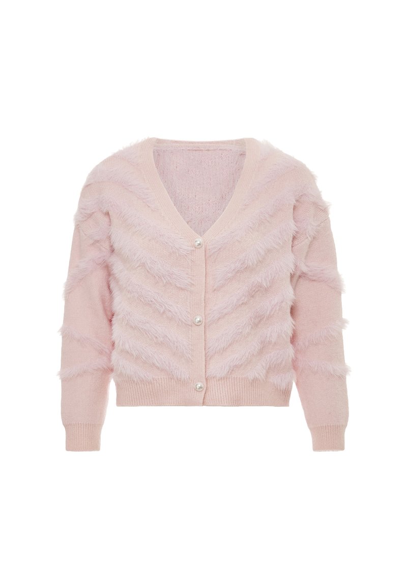 Cardigan rosa chiaro con una trama zigzag fluffosa, dotato di scollatura a V, maniche lunghe e chiusura con bottoni perla. Tessuto in maglia morbida.