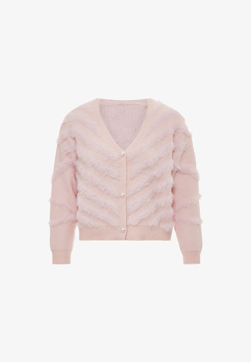 Lichtroze cardigan met een wollige zigzagtextuur, voorzien van een V-hals, lange mouwen en sluiting met parelknoopjes. Zachte gebreide stof.