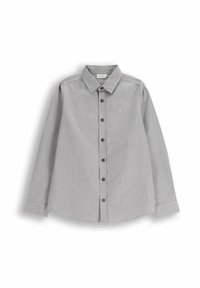 Jasnoszara koszula na długi rękaw z kołnierzykiem w szpic, zapinana na guziki, z przednią plisą, ciemnymi guzikami oraz małym logo na piersi.