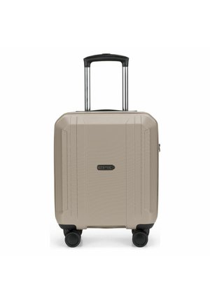 Small beige hard-shell suitcase with four black wheels and extended black and silver telescopic handle.