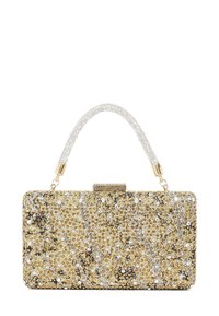 Gold and silver clutch bag with a glittering beaded exterior, rectangular shape, and a clear jeweled handle. Features a clasp closure.