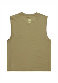 Khaki väriinen hihaton paita, joka on valmistettu kevyestä kankaasta. Paidassa on pieni vaaleanvihreä logo painatus selkäpuolella ja litteät saumat.