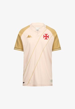 Beige sportshirt met korte mouwen, voorzien van gouden accenten, diagonale strepen en een rood kruis-embleem. Gemaakt van lichtgewicht stof.