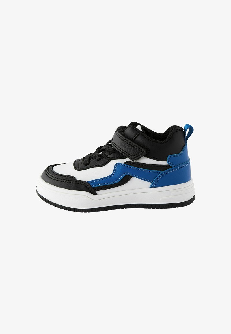 Black, white, and blue sporty shoe with textured upper, lace and Velcro closure, layered design, and rubber outsole for grip.