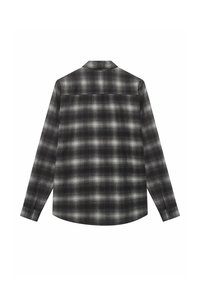 Zwart en grijs geruite lange mouw shirt met een rechte snit, knoopmanchetten en een achterzijde detail. Gemaakt van een zachte, gestructureerde stof.