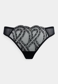String noir en dentelle avec un motif détaillé complexe, des côtés en mesh transparent et une taille festonnée avec un panneau arrière en coton lisse.