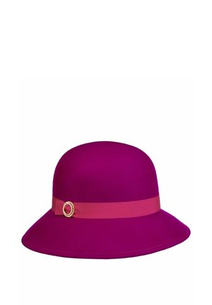 Purple wide-brimmed felt hat with pink band and small round gold decorative buckle on white background.