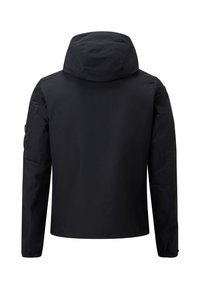 Zwarte hooded jacket van glad, lichtgewicht materiaal. Beschikt over een rechte snit, lange mouwen en zijzakken met een minimalistisch ontwerp.