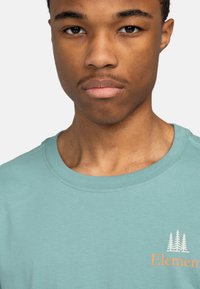 Camiseta de algodón verde menta con cuello redondo, que presenta un pequeño gráfico de un árbol blanco y el texto naranja "Element" en el lado izquierdo del pecho.