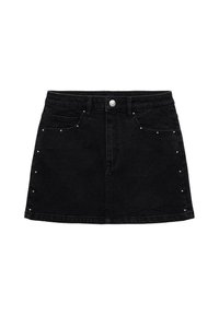 Gonna mini in denim nero con accenti di borchie argento lungo i lati, dotata di chiusura frontale con bottoni e due tasche anteriori.