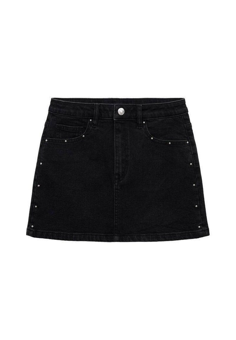 Gonna mini in denim nero con accenti di borchie argento lungo i lati, dotata di chiusura frontale con bottoni e due tasche anteriori.