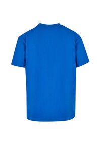 Blå bomulds T-shirt med korte ærmer, rund halsudskæring og ensfarvet design. Glat tekstur, lige kant i bunden.