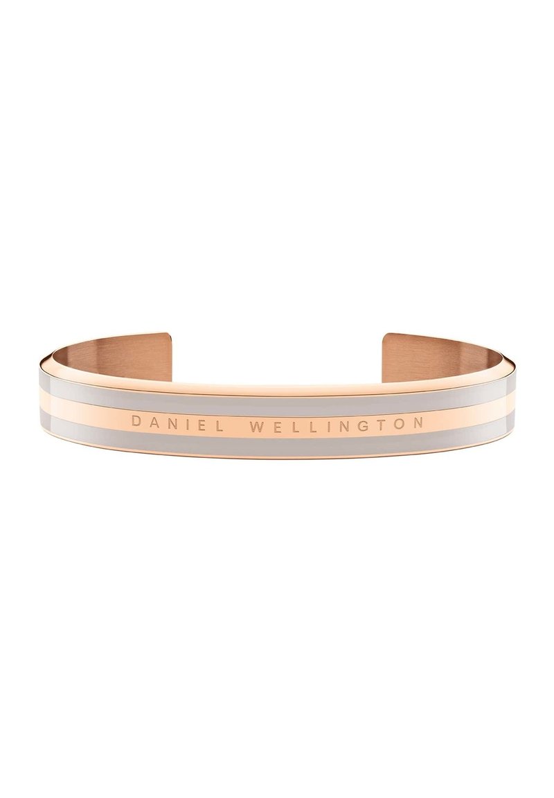 Armband aus Roségold mit gebürsteten und polierten Metalloberflächen. Mit eingraviertem „Daniel Wellington“-Text und kontrastierenden silbernen Akzentstreifen.