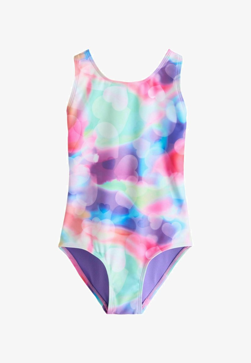 Peldkostīms ar pasteļtoņu sirds rakstu, izgatavots no gludas auduma ar violetu oderi. Standarta viengabala dizains.