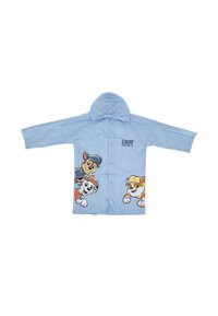 Hellblaues Regenjacke mit Kapuze, die Paw Patrol-Charaktere auf der Vorderseite zeigt. Hergestellt aus glattem, wasserfestem Material; Druckknopfverschluss.