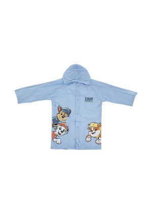 Light blue rain jacket with a hood, featuring Paw Patrol characters on the front. Made of smooth, waterproof material; snap button closure.