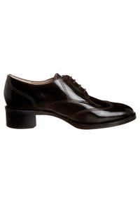 Chaussure Oxford en cuir noir avec petit talon bloc, laçage fermé et coutures décoratives le long des côtés et du bout.