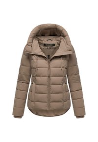 Beige gewatteerde jas met een hoge kraag, rits aan de voorkant en elastische manchetten. Heeft een capuchon en contrasterende stiksels in een quiltpatroon.