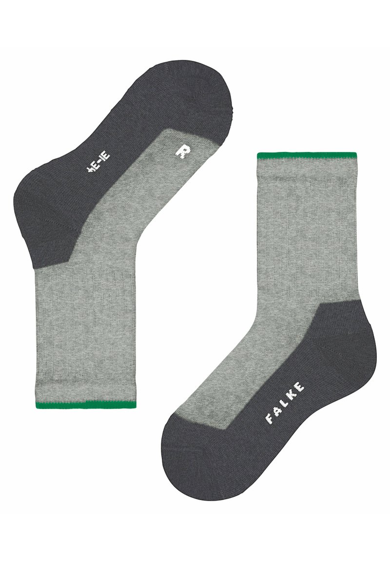 Graue Socken mit dunkelgrauen Fersen- und Zehenbereichen. Mit geripptem Muster, grünen Akzenten oben und weißen "L"- und "R"-Labels für die Seiten.