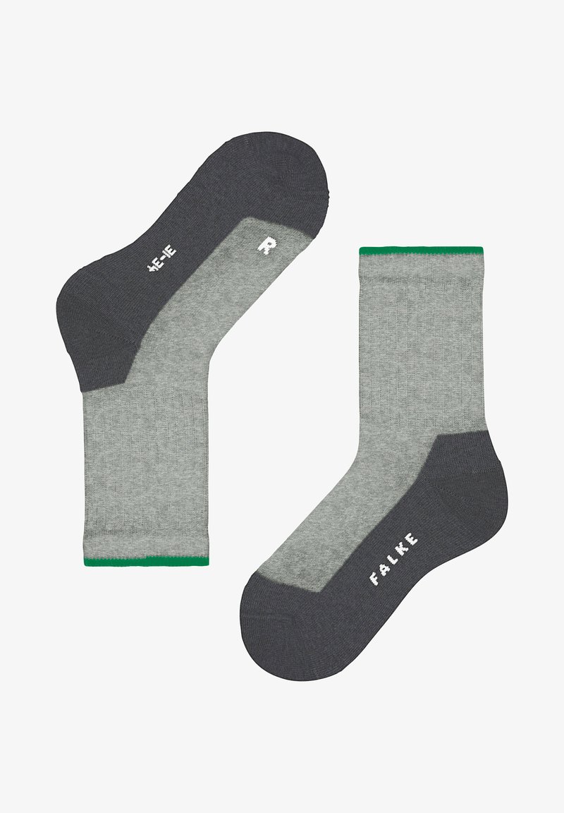 Graue Socken mit dunkelgrauen Fersen- und Zehenbereichen. Mit geripptem Muster, grünen Akzenten oben und weißen "L"- und "R"-Labels für die Seiten.