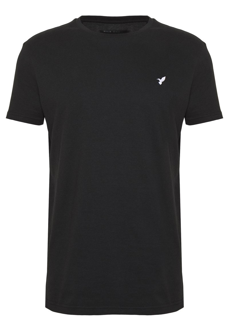 Black crew neck t-shirt made from cotton. Short sleeves, regular fit, features a small embroidered white bird logo on the chest.